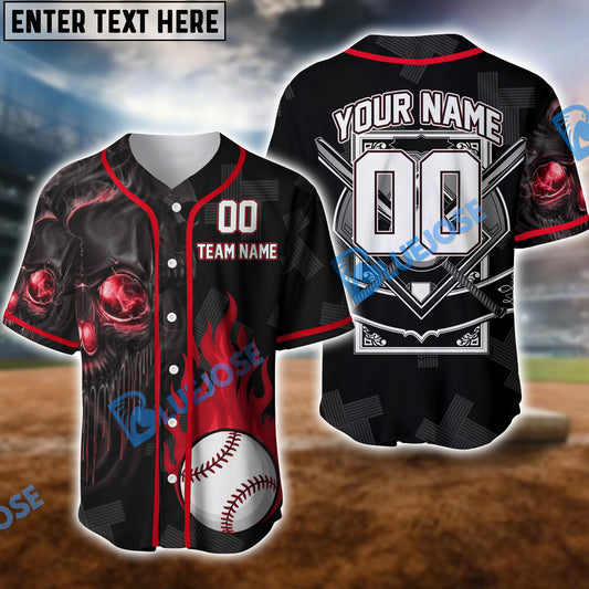 BlueJose 3D Skull Flame Baseball Jersey, Personalized Team Name & Number (4 Color Options)