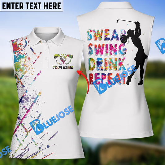 BlueJose Swing Swear Drink Repeat Golf Polo Shirt, Ladies Golf Polo Shirt, Custom 3D Shirt