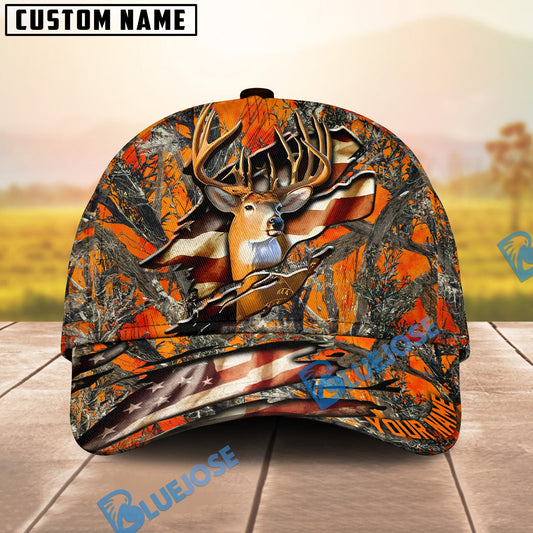 BlueJose Deer Hunting Eternity Cracked Flag Multicolor Personalized Name 3D Cap