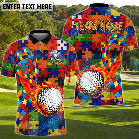 BlueJose Golf Puzzle Pattern Flaming Ball Autism Awareness Custom Name & Team Name 3D Shirts