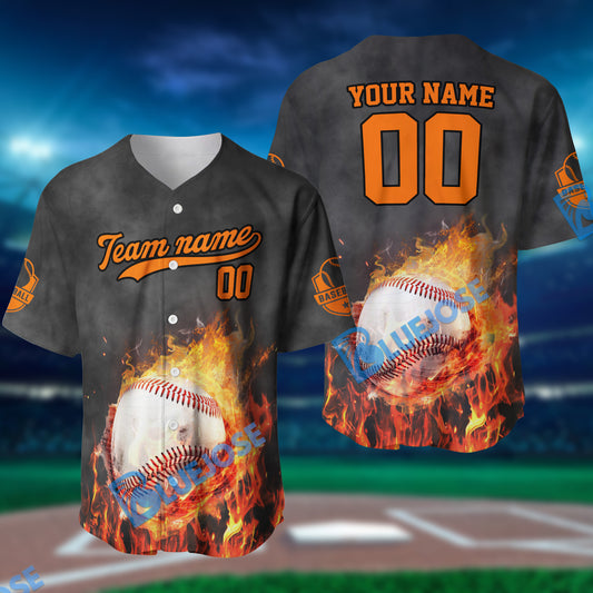 BlueJose Fireball Baseball Pattern Multicolor Option Customized Name, Team Name 3D Baseball Jersey (4 Colors)