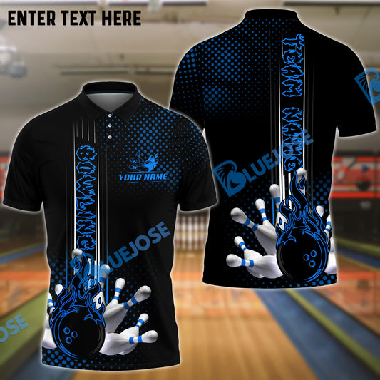 BlueJose Bowling And Pins Fire Dot Pattern Personalized Name Team Name Shirt (4 Colors)