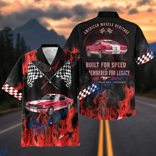 BlueJose Custom Photo Personalized Car "American Muscle Heritage" Flames Mustang Hawaiian Shirt