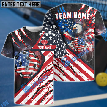 BlueJose US Flag Eagle Pickleball Personalized Name, Team Name Unisex Shirt