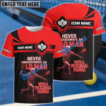 BlueJose Pickleball Never Underestimate Old Man With Paddle Skeleton Customized Name 3D Shirt (4 Colors)