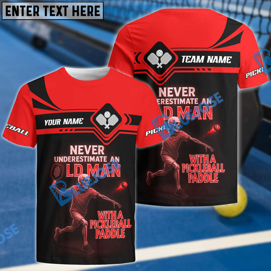 BlueJose Pickleball Never Underestimate Old Man With Paddle Skeleton Customized Name 3D Shirt (4 Colors)
