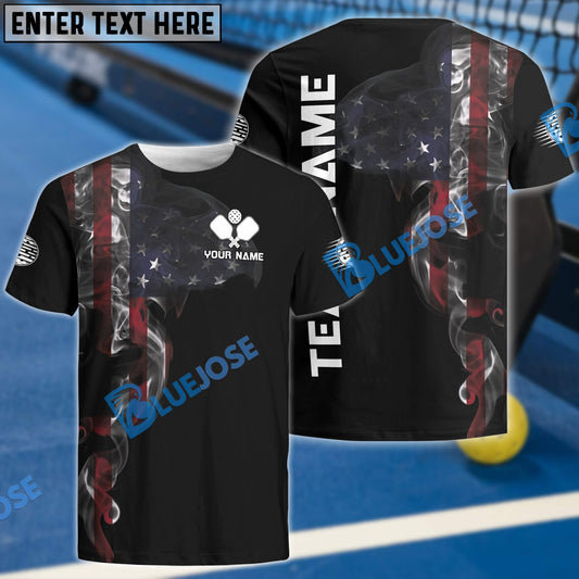 BlueJose Personalized Name, Team Name Smoky US Flag Pickleball 3D Shirt