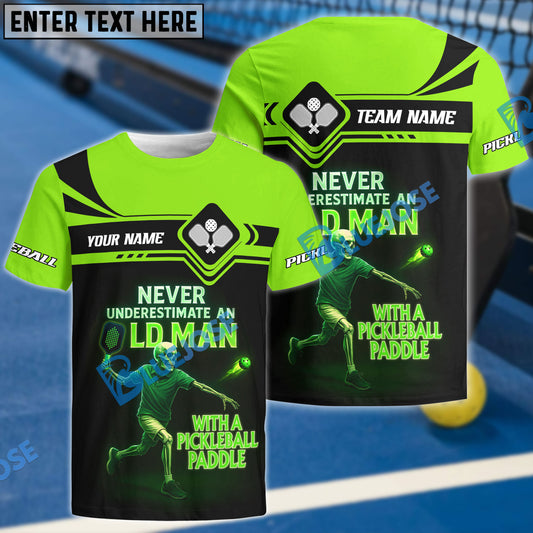 BlueJose Pickleball Never Underestimate Old Man With Paddle Skeleton Customized Name 3D Shirt (4 Colors)