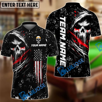 BlueJose Billiards Ball 9 Grim Skull with American Flag Customized Name, Team Name 3D Shirt