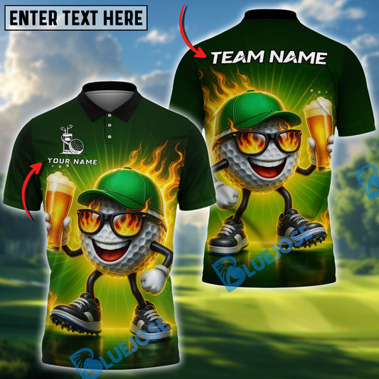 BlueJose Golf Shirt Flaming Ball Beer Lover Style Customized Name, Team Name Shirts (4 Colors)