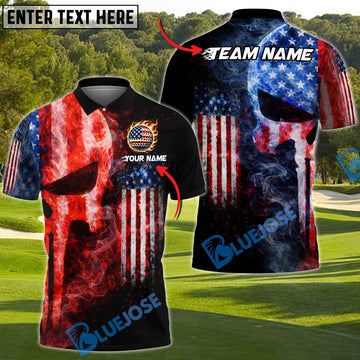 BlueJose Golf USA Punisher Skull Fire Smoke Design Golf Customized Name, Team Name Shirts