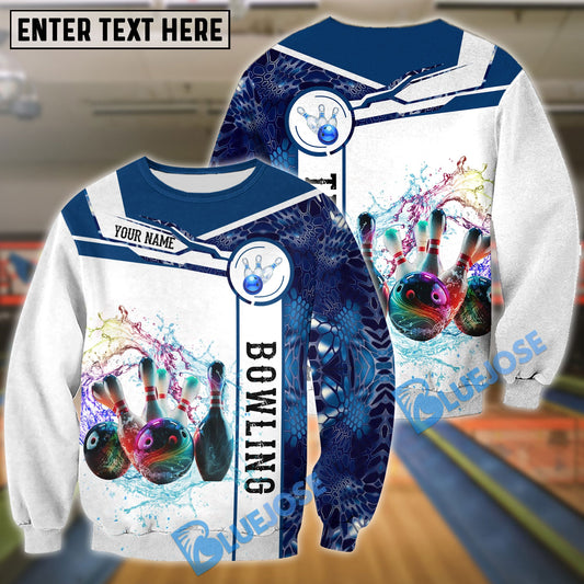 BlueJose Blue And White Bowling Water Ball And Pins Customized Name 3D Shirt