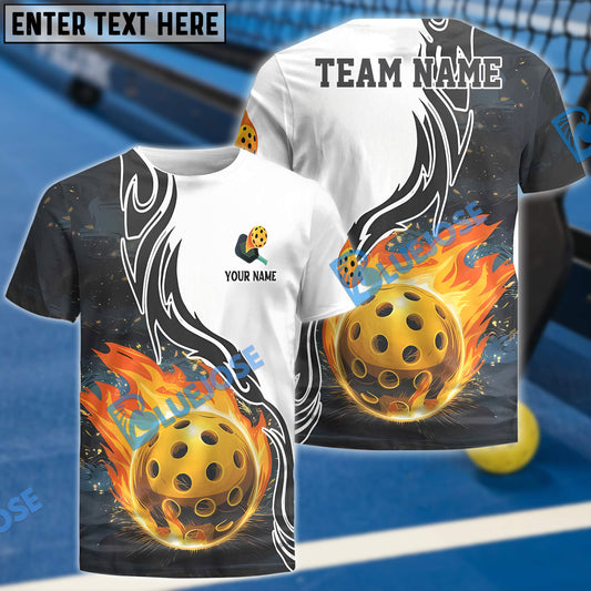 BlueJose Flaming Pickleball Fireball Custom Name & Team 3D Shirt (4 Colors)