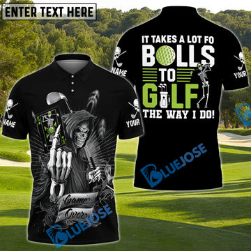 BlueJose It Takes a Lot of Balls to Golf the Way I Do Funny Skeleton Golf Polo Shirt, Custom Name Golf 3D Shirts