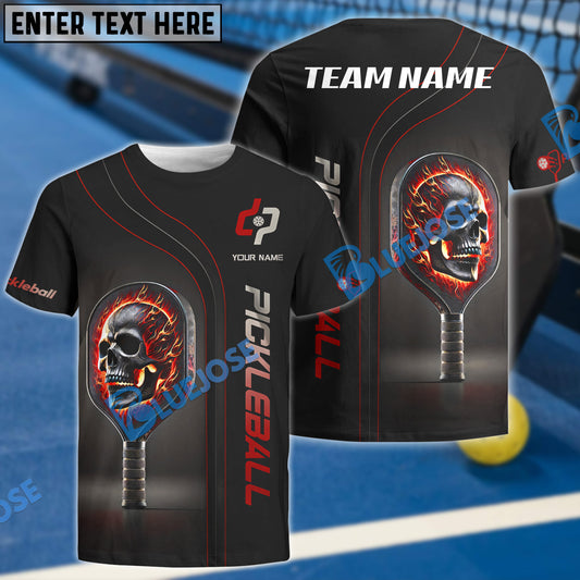 BlueJose Pickleball Flaming Skull Paddle Custom Name & Team 3D Shirt (4 Colors)