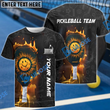 BlueJose Pickleball Flaming Paddle Smiley Face Custom Name & Team 3D Shirt (4 Colors)
