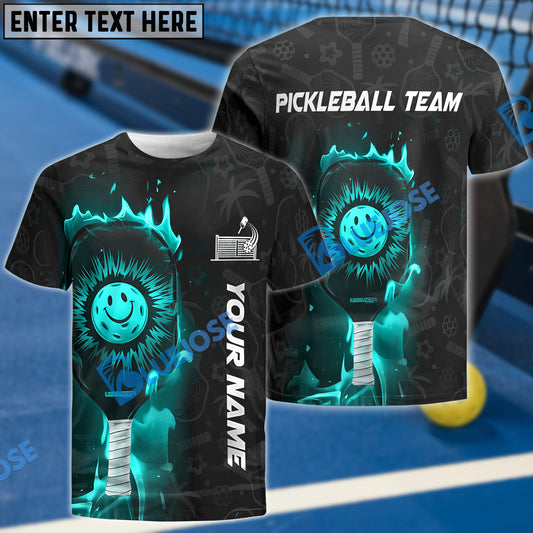 BlueJose Pickleball Flaming Paddle Smiley Face Custom Name & Team 3D Shirt (4 Colors)