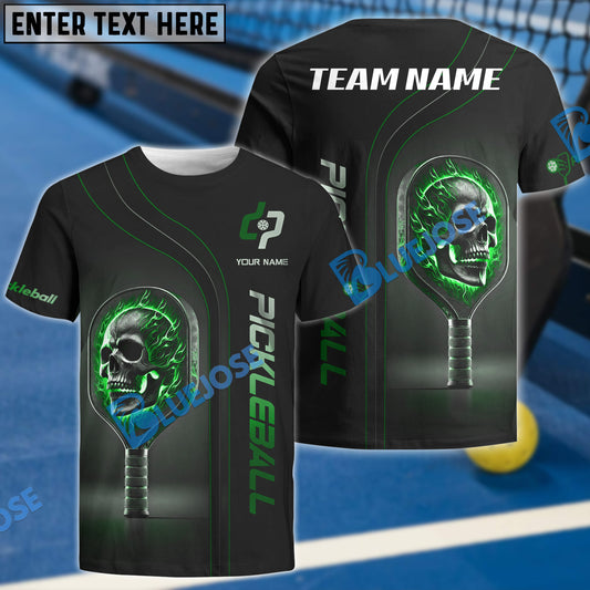 BlueJose Pickleball Flaming Skull Paddle Custom Name & Team 3D Shirt (4 Colors)