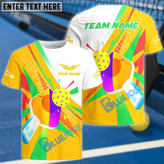 BlueJose Pickleball Colorful Swing Personalized Name, Team Name Unisex Shirt (4 Colors)