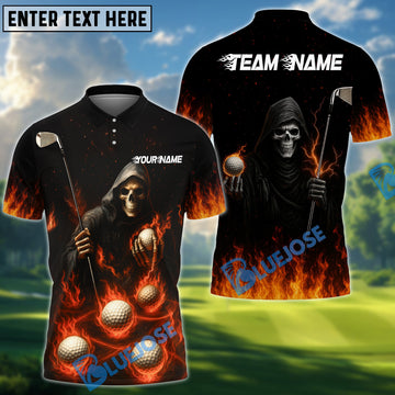 BlueJose Flaming Reaper Golf Polo Shirt, Custom Name & Team Name 3D Shirts