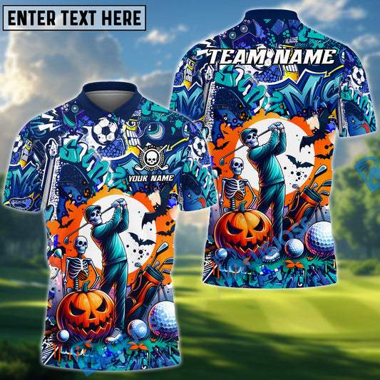 BlueJose Graffiti Halloween Skull Golf Polo Shirt, Custom Name & Team Name 3D Shirts