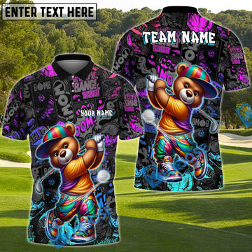 BlueJose Graffiti Golfer Teddy Funny Golf Polo Shirt, Custom Name & Team Name 3D Shirts