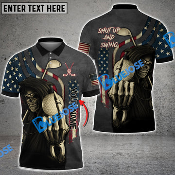 BlueJose Golf Shut Up And Swing Skull USA Flag Customized Name 3D Shirts