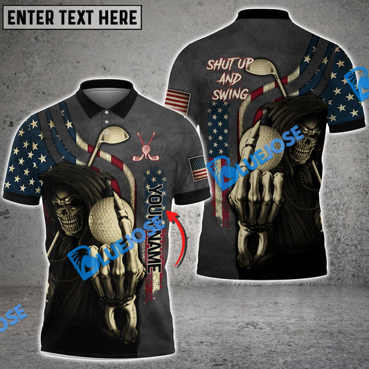 BlueJose Golf Shut Up And Swing Skull USA Flag Customized Name 3D Shirts