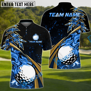 BlueJose  Golf Fire Golden Line Premium Multicolor Option Customized Name, Team Name 3D Polo Shirt (6 Colors)