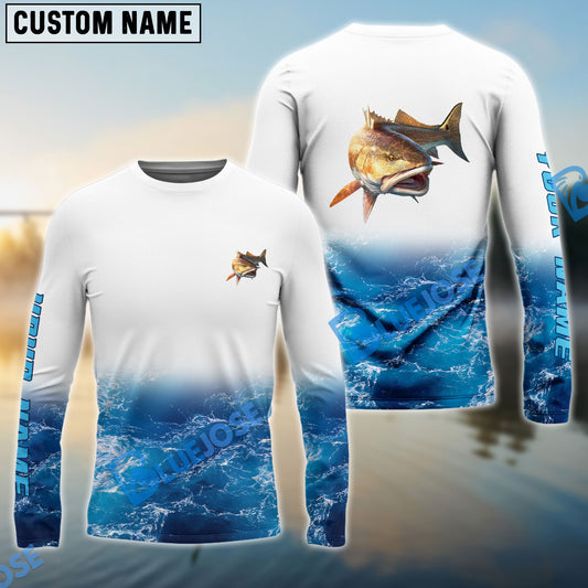 Bluejose Custom Redfish Fishing Jerseys, Personalized Red Drum Sea Wave Camo Long Sleeve, Long Sleeve
