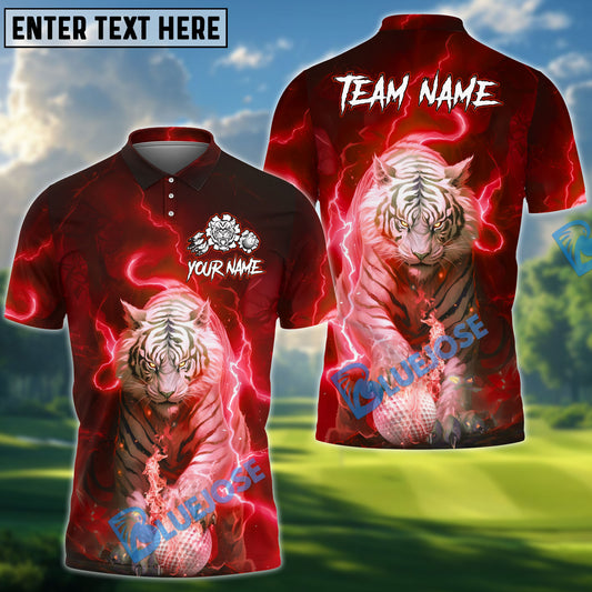 BlueJose Lightning Tiger Golf Polo Shirt, Customized Name & Team Name 3D Shirts (4 Colors)