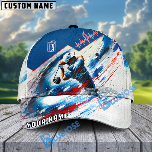 BlueJose Patriot Heartbeat Swing Golf Cap, Personalized Name Pattern 3D Classic Cap