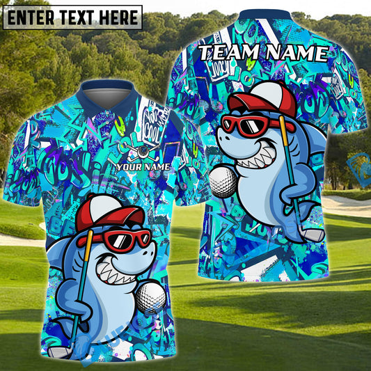 BlueJose Graffiti Shark Golf Shirt Customized Name, Team Name 3D Shirts (4 Colors)