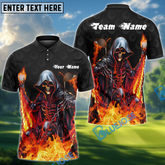 BlueJose Flaming Grim Reaper Golf Polo Shirt Customized Name, Team Name 3D Shirts (4 Colors)