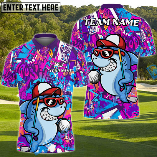 BlueJose Graffiti Shark Golf Shirt Customized Name, Team Name 3D Shirts (4 Colors)