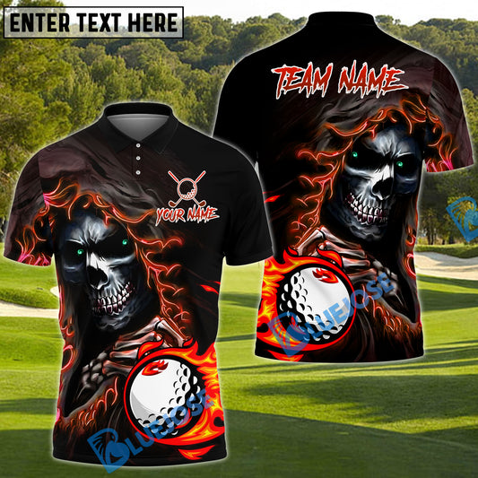 BlueJose Skull Reaper Golf With Flaming Golf Ball Customized Name, Team Name 3D Shirts (4 Colors)