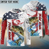 Bluejose Bass Fishing American Flag Red Blue Seawave Custom Name & Team Name Shirts For Kids