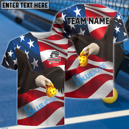 BlueJose Custom Name, Team Name 3D Pickleball American Flag Eagle Performance Unisex Shirt