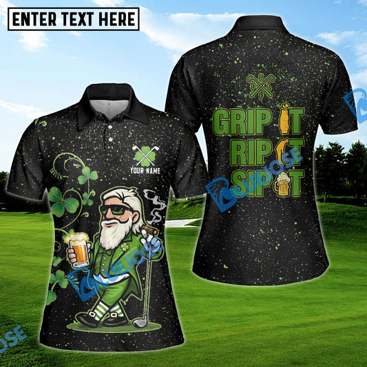 BlueJose Grip It Rip It Sip It St Patrick's Day Leprechaun Golf And Beer Shamrock Golf Shirt, Golf Shirts For Men