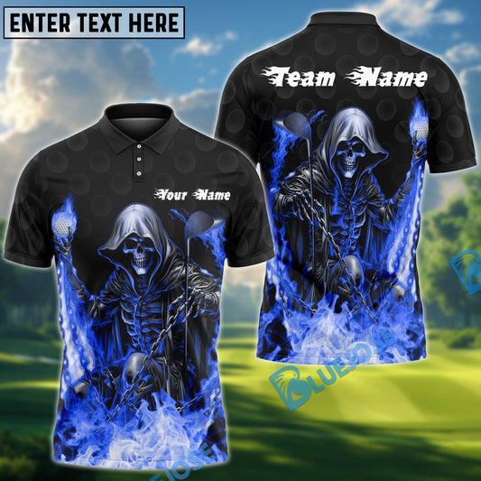 BlueJose Flaming Grim Reaper Golf Polo Shirt Customized Name, Team Name 3D Shirts (4 Colors)