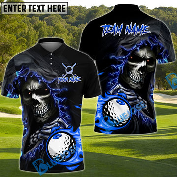 BlueJose Skull Reaper Golf With Flaming Golf Ball Customized Name, Team Name 3D Shirts (4 Colors)