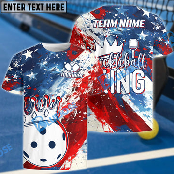 BlueJose Pickleball Ball King Crown America Flag Personalized Name, Team Name Unisex Shirt