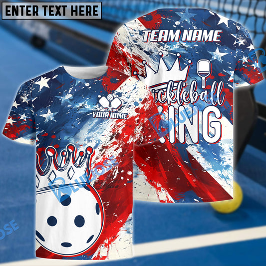 BlueJose Pickleball Ball King Crown America Flag Personalized Name, Team Name Unisex Shirt
