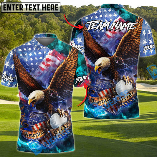 BlueJose American Eagle Flag Lightning Shield Golf Customized Name, Team Name Shirts