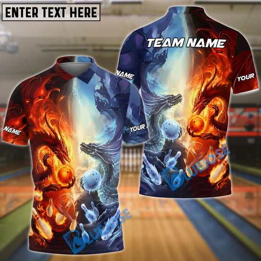 BlueJose Bowling And Pins Fire And Ice Dragon Customized Name, Team Name 3D Shirt