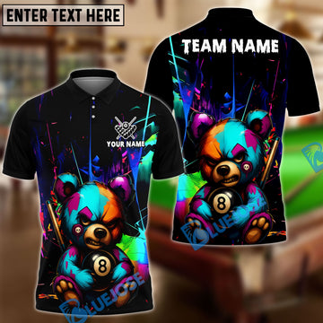 BlueJose Billiards 8-Ball Colorful Angry Teddy Bear Personalized Name, Team Name Unisex Shirt