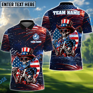 BlueJose Patriotic Skeleton Golf Polo – 4th of July USA Golf Polo Shirt, Custom Name & Team Name 3D Shirts