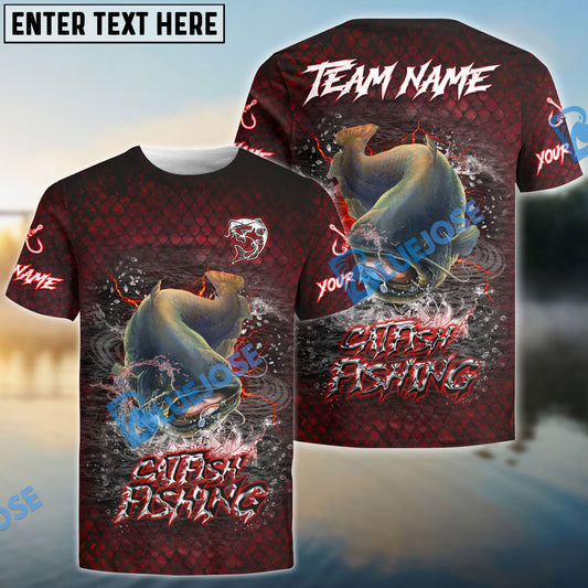 Bluejose Catfish Fishing Red Dragon Scale Lightning Custom Name & Team Name 3D Shirts