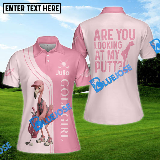 BlueJose Are You Looking At My Putt Funny Flamingo Pink Golf Shirt, Golf Shirts For Ladies