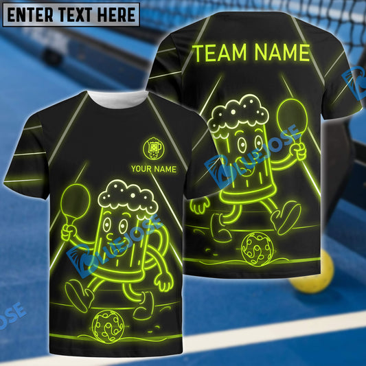 BlueJose Funny Beer Pickleball Shirt Neon Mascot Style Multicolor Options Customized Name & Team Name 3D Shirts